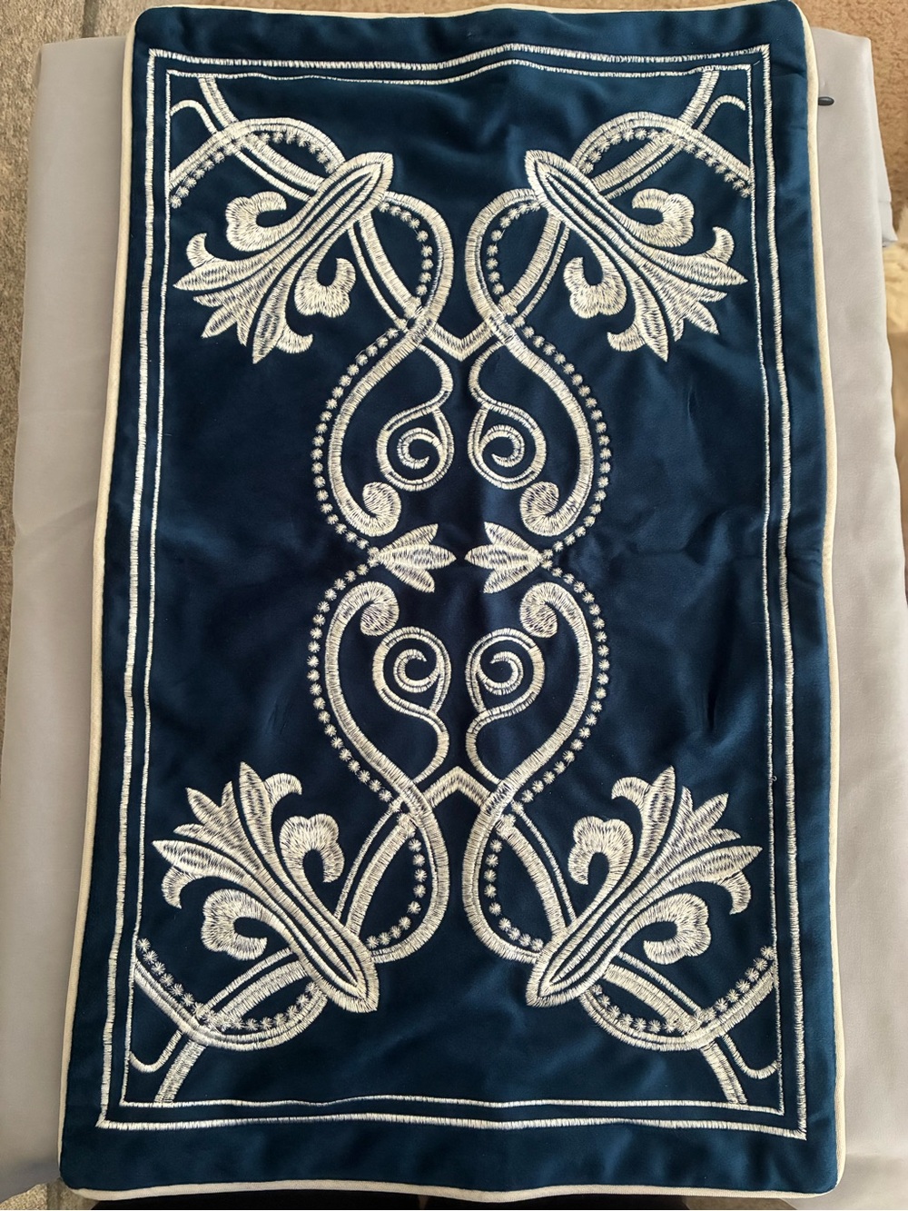 Embroidered Navy Accent Pillow Cover with White Scrollwork